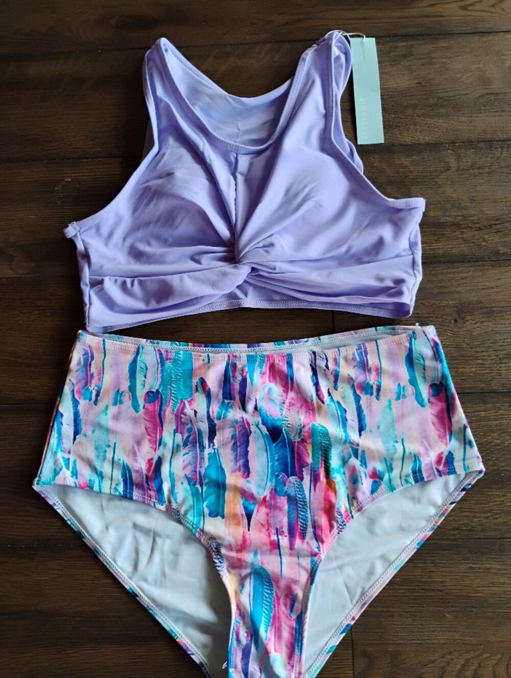 Lavender Twist-Front Top with Multicolor High-Waist Bottom